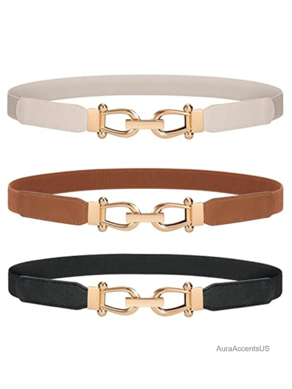 Women Stretchy Waist Belt Retro Skinny with Gold Buckle Leather